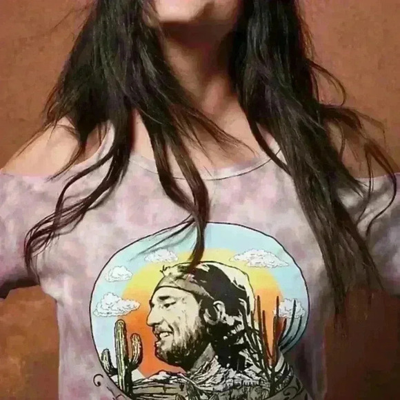 Zion Rootswear Womens Willie Nelson Tye Dye Cold Shoulder Graphic Tee Sz 4 Boho - Picture 2 of 9